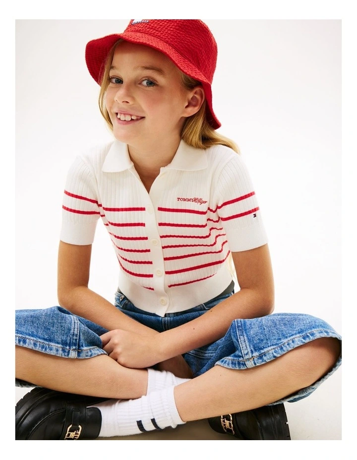 Girls Logo Embroidery Short Sleeve Polo Cardigan (8-16 Years) in Red image 2