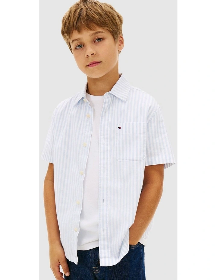 Boys Ithaca Stripe Short Sleeve Oxford Shirt (8-16 years) in Blue image 1