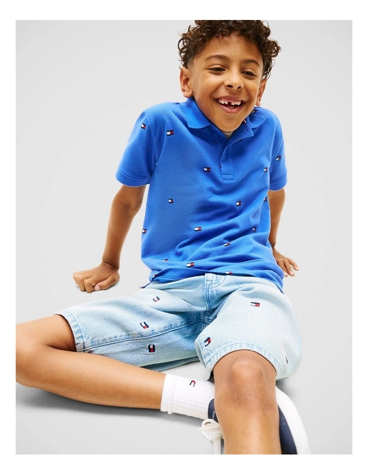 Regular Fit Wavy Flag Embroidery Polo Shirt (8-16 years) in Blue image 4