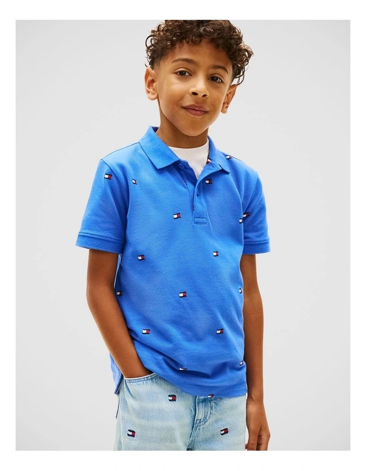 Regular Fit Wavy Flag Embroidery Polo Shirt (3-7 years) in Blue image 1