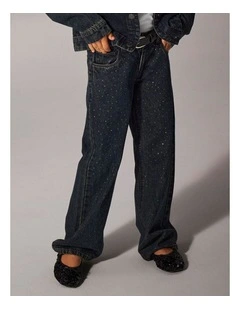 Rose Wide Rhinestone Jeans in Dark Denim