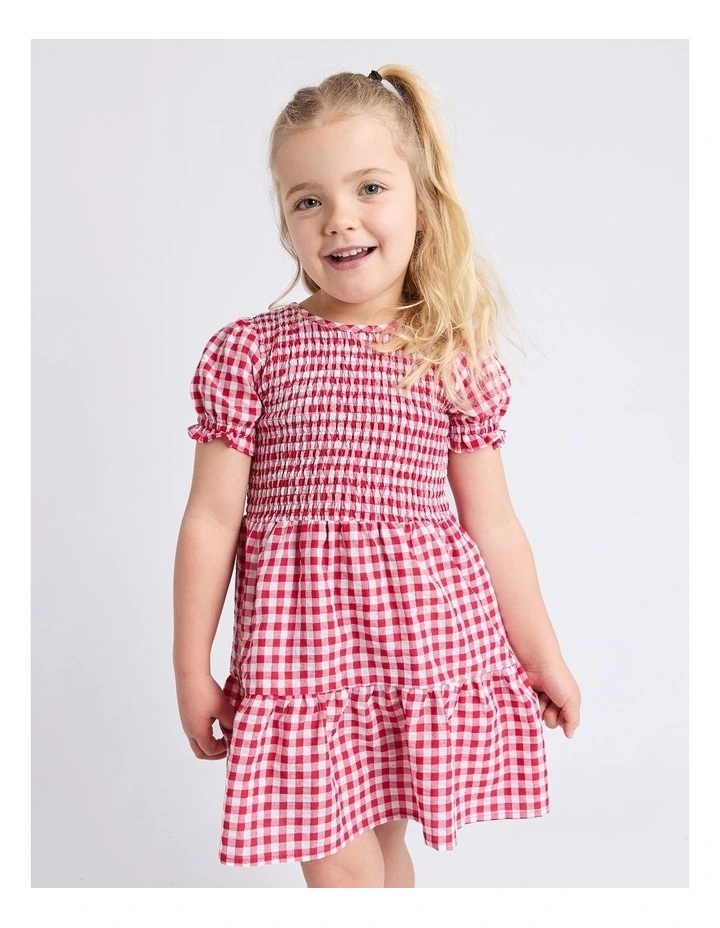 Elsa Gingham Shirred Dress (3-7 Years) in Red image 1