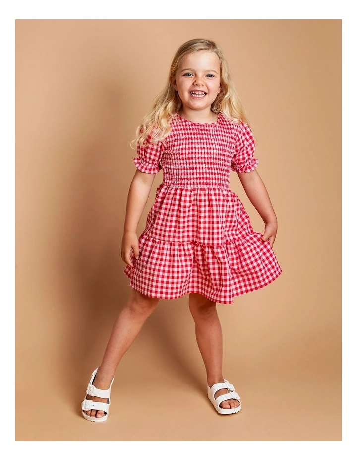 Elsa Gingham Shirred Dress (3-7 Years) in Red image 2