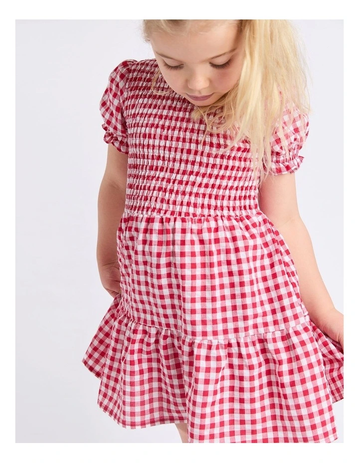 Elsa Gingham Shirred Dress (3-7 Years) in Red image 5