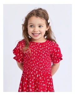 Poppy Shirred Dress (3-7 Years) in Red