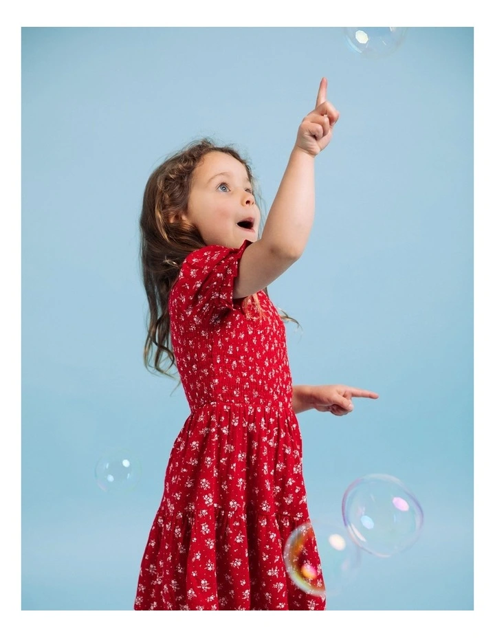 Poppy Shirred Dress (3-7 Years) in Red image 2