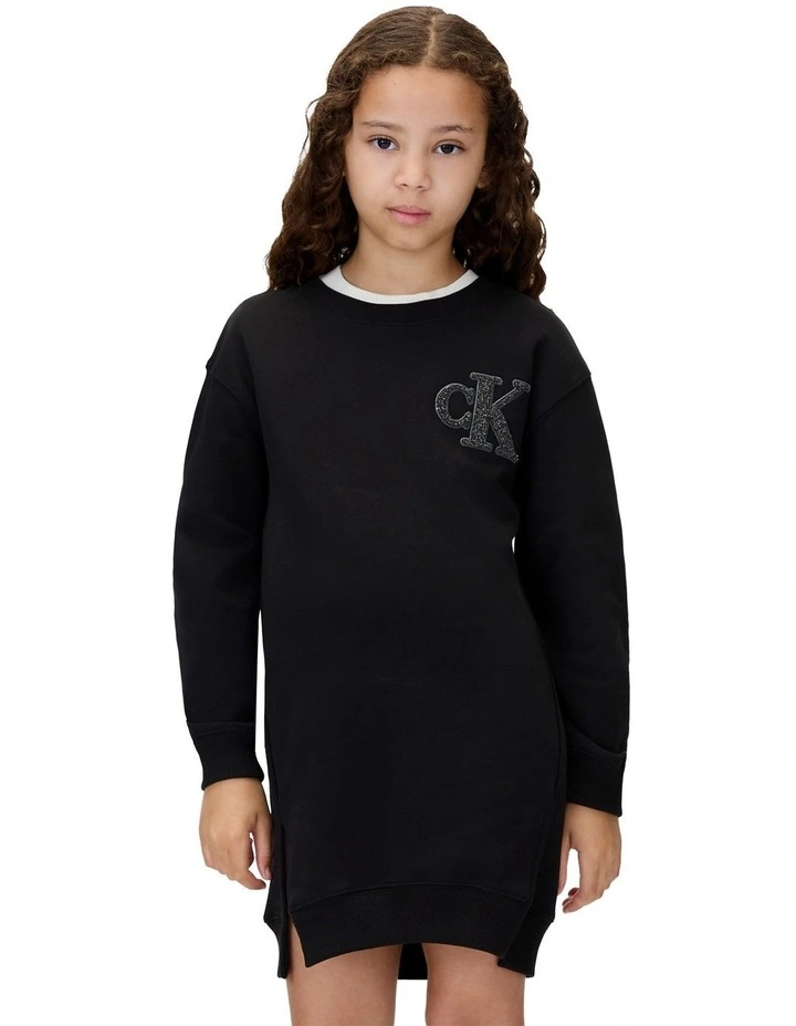 Monogram Terry Long Sleeve Dress (8-16 Years) in Black image 1