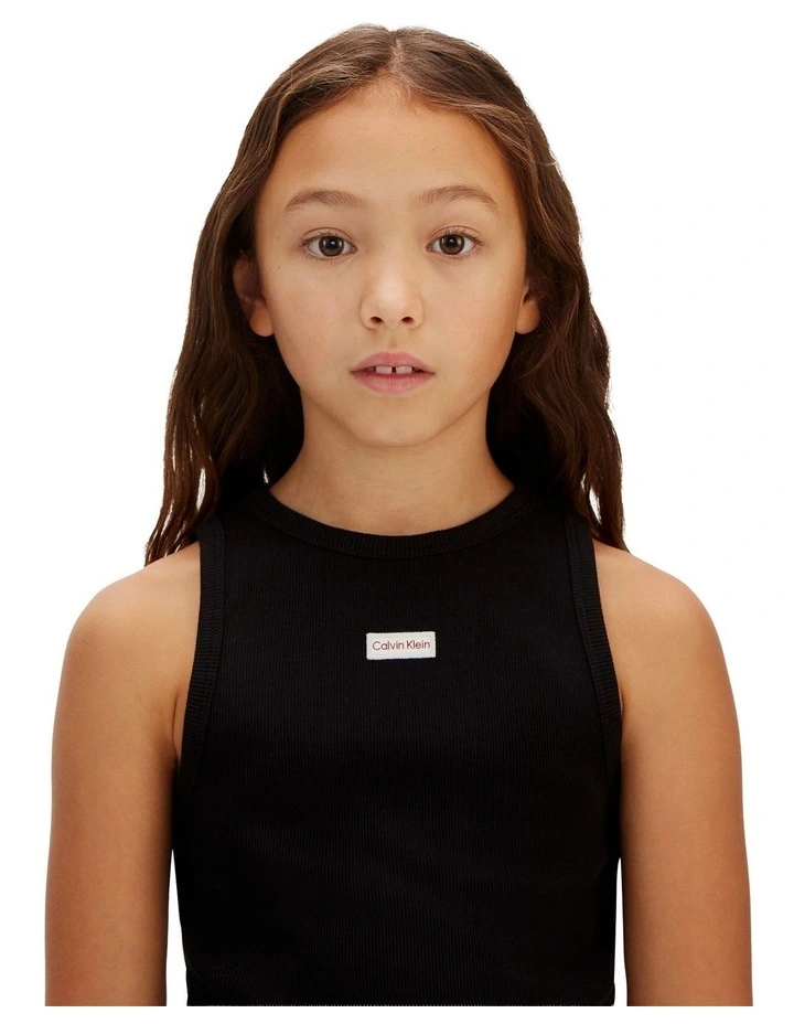 Slim Ribbed Sleeveless Dress (8-16 Years) in Black image 3