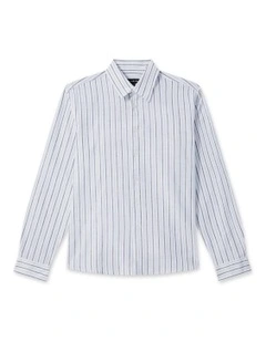 JUNIOR FIT BOYS LINEN BLEND STRIPE SHIRT BLUE