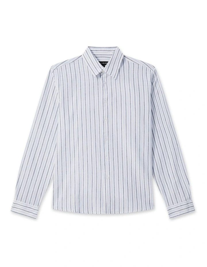 JUNIOR FIT BOYS LINEN BLEND STRIPE SHIRT BLUE image 1