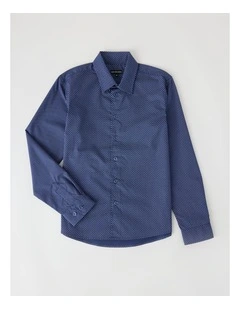 Boys Check Print Dress Shirt in Navy