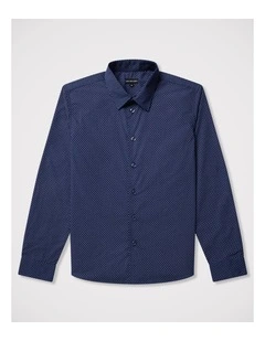 Boys Check Print Dress Shirt in Navy