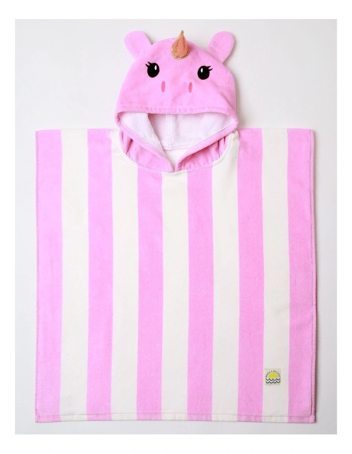 Girls Hooded Novelty Stripe Unicorn Towel in Pink image 1