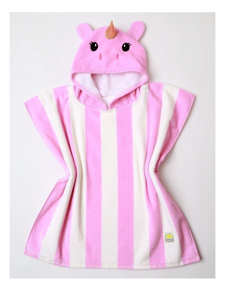 Girls Hooded Novelty Stripe Unicorn Towel in Pink image 2