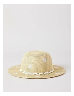 Straw Sun Hat with Daisy Embroidery in Natural