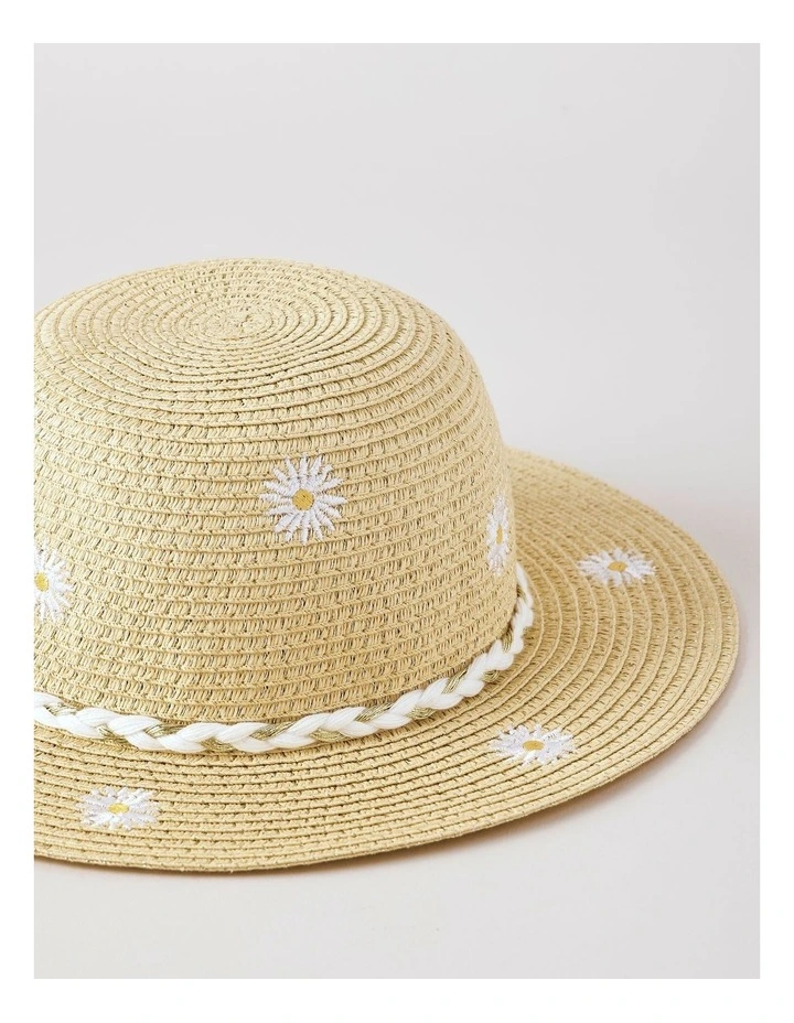 Straw Sun Hat with Daisy Embroidery in Natural image 2