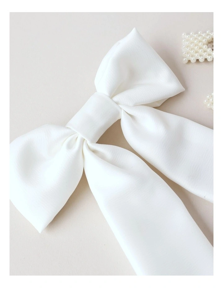 Oversized Bow With Pearl Clips in White image 2