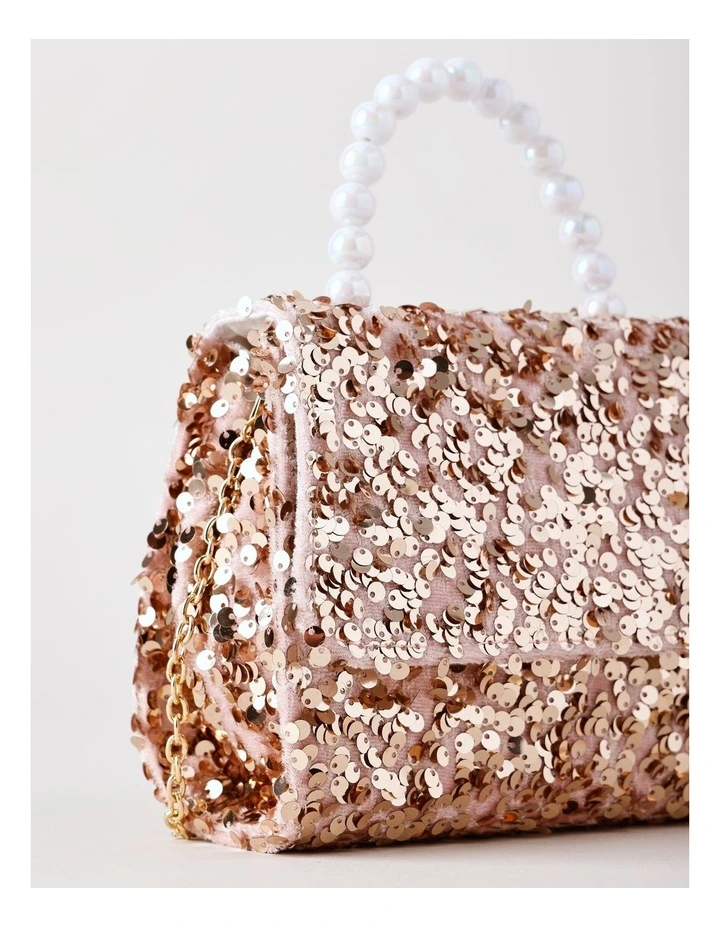 Sequin Bag with Pearl Handle in Pink image 2