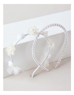 2 Pack Floral Tulle and Pearl Headband Set in White