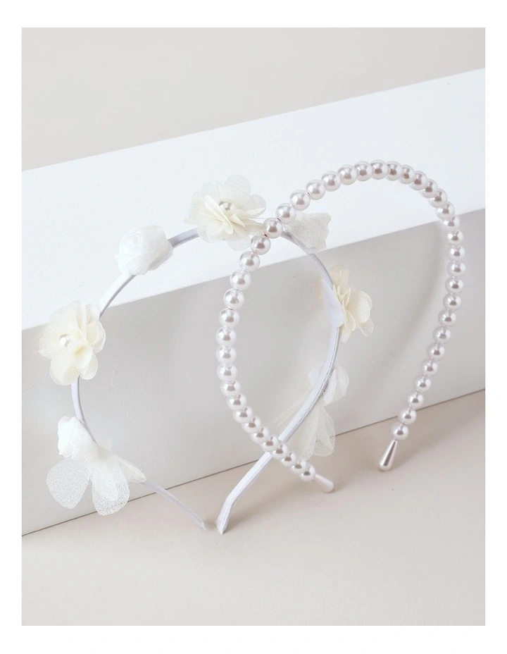 2 Pack Floral Tulle and Pearl Headband Set in White image 1