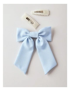 Oversized Bow With Pearl Clips in Blue