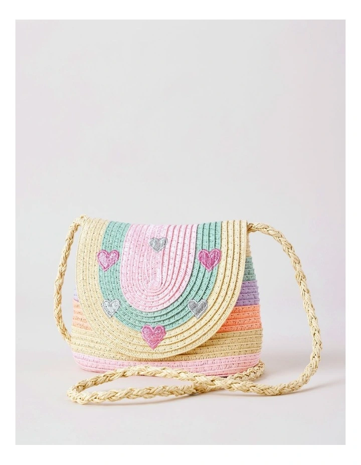 Girls Straw Crossbody with Embroidered Hearts in Rainbow image 1