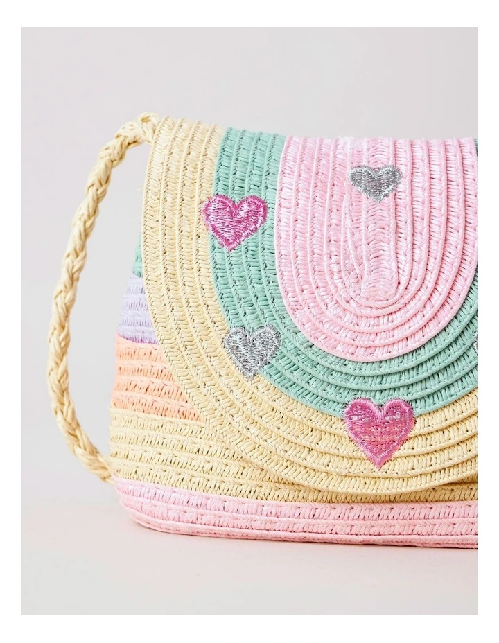 Girls Straw Crossbody with Embroidered Hearts in Rainbow image 2
