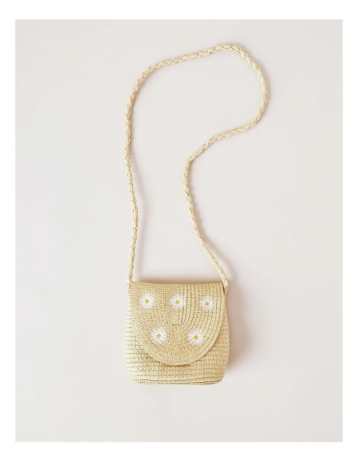 Girls Straw Daisy Crossbody Bag in Natural image 3