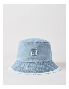 Washed Denim Bucket Hat with Frayed Edges in Denim