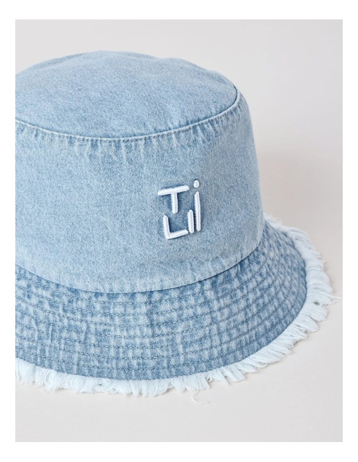Washed Denim Bucket Hat with Frayed Edges in Denim image 2