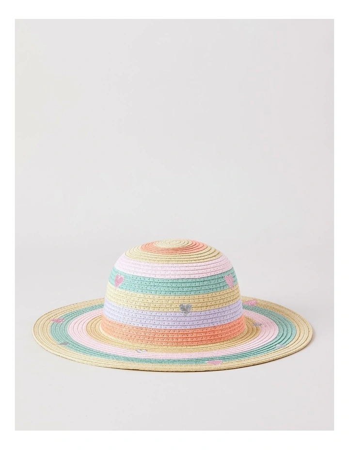 Girls Pastel Rainbow Straw Hat with Embroidered Hearts in Rainbow image 1