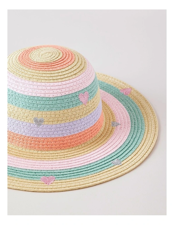 Girls Pastel Rainbow Straw Hat with Embroidered Hearts in Rainbow image 2