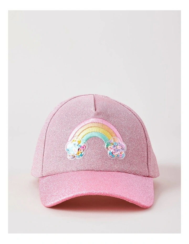 Girls Rainbow Glitter Cap with 3D Applique in Light Pink image 1
