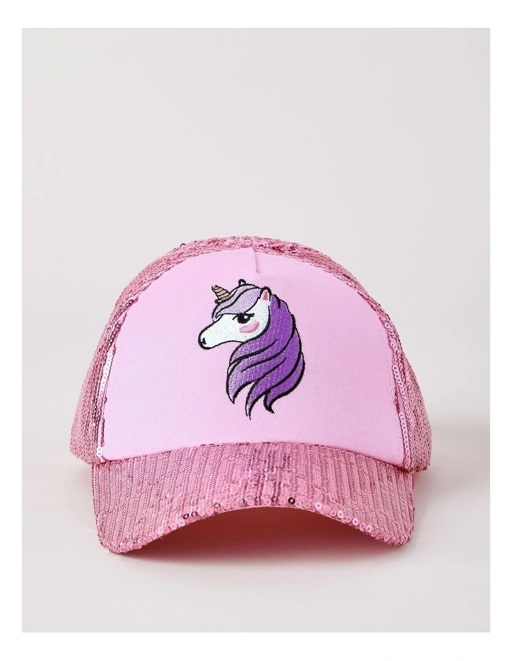 Girls Sequin Cap with Unicorn Motif in Pink image 1