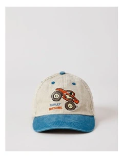 Boys Two Tone Colour Cap with Monster Truck Motif in Tan and Blue