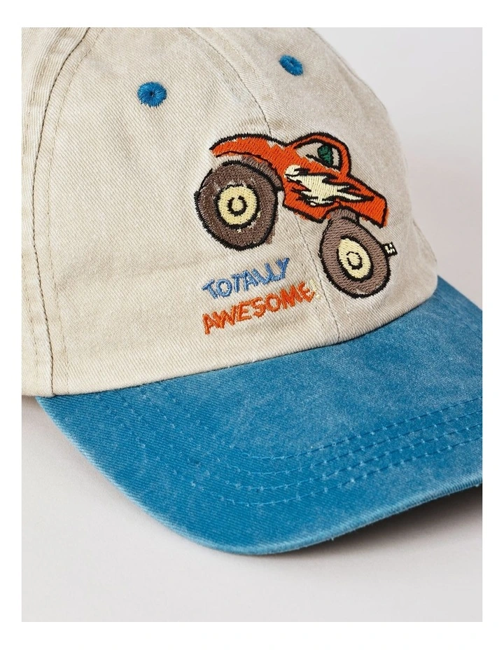 Boys Two Tone Colour Cap with Monster Truck Motif in Tan and Blue image 2