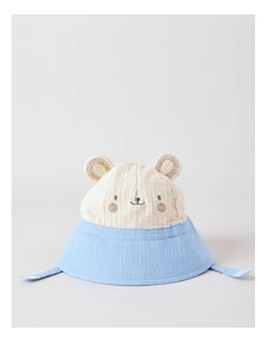 Muslin Bucket Hat with Bear Face in Blue