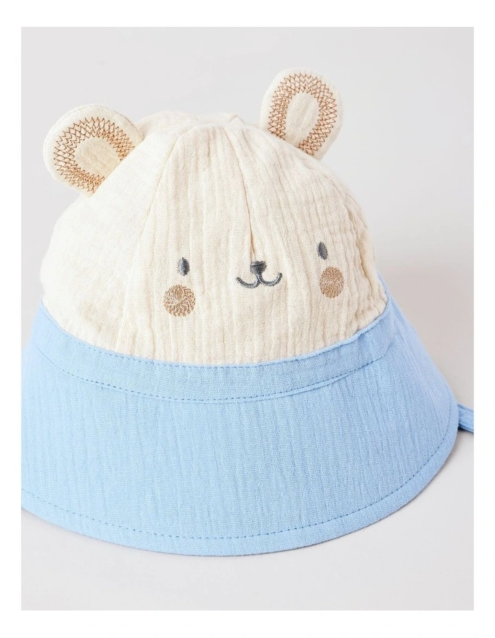 Muslin Bucket Hat with Bear Face in Blue image 2