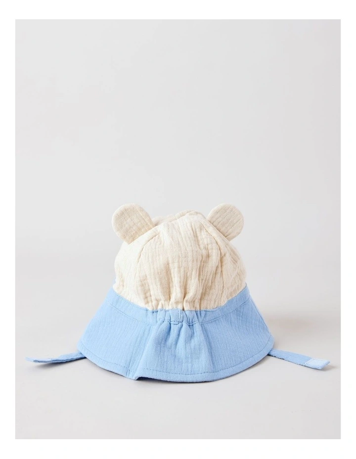 Muslin Bucket Hat with Bear Face in Blue image 3