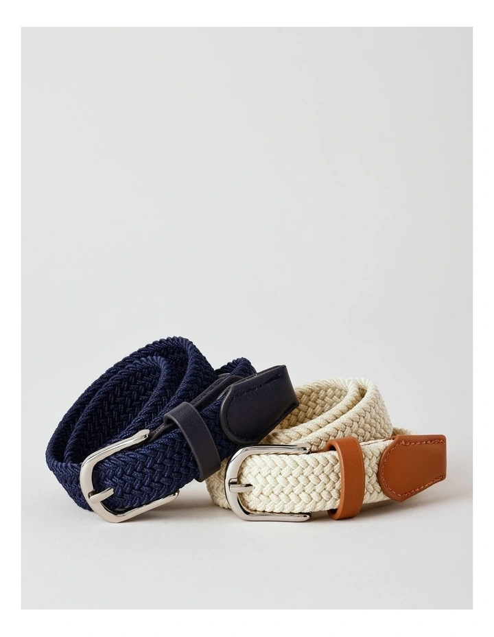 Boys 2 Pack Woven Belt in Navy & Tan image 1
