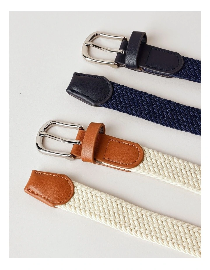 Boys 2 Pack Woven Belt in Navy & Tan image 2