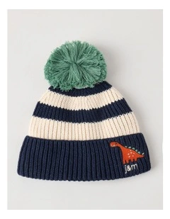 Striped Beanie with Dino Embroidery in Navy