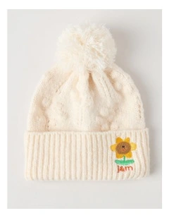 Pointelle Beanie with Embroidery in Oat Marle