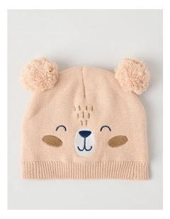 Beanie with Bear Embroidery in Brown
