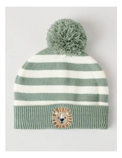 Striped Beanie with Lion Embroidery in Sage