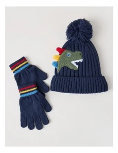 Novelty Dino Beanie and Glove Set in Navy