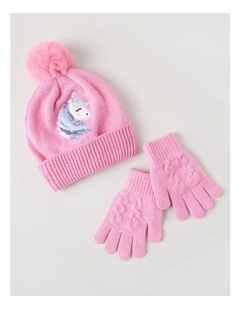 Novelty Unicorn Beanie and Glove Set in Pink