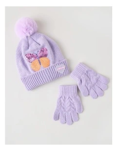 Novelty Butterfly Beanie and Glove Set in Lilac