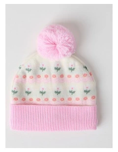 Flower Intarsia Beanie in White