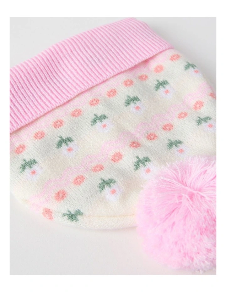 Flower Intarsia Beanie in White image 2